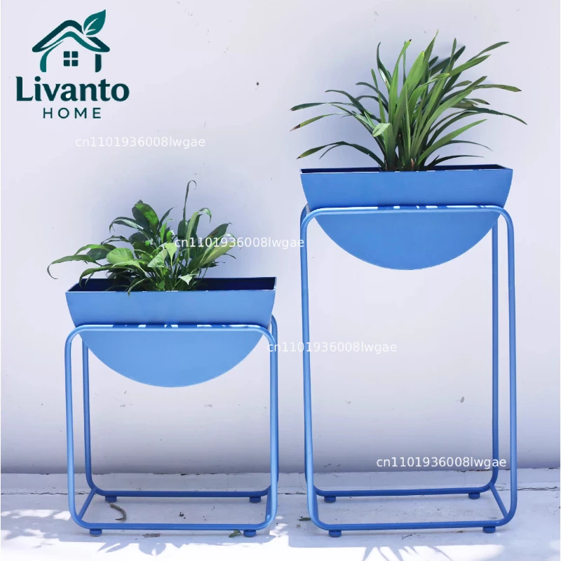 

Blue Plant Stand Semi Circle FlowerPot Holder for Indoor Modern Minimalist Plant Shelf Iron Movable Display Rack for Balcony