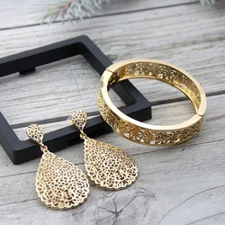 Sunspicems Chic Gold Color Bangle Earring Set Arabic Muslim Wedding Jewelry Luxury Bridal Drop Earring Algeria Brand Bijoux Gift
