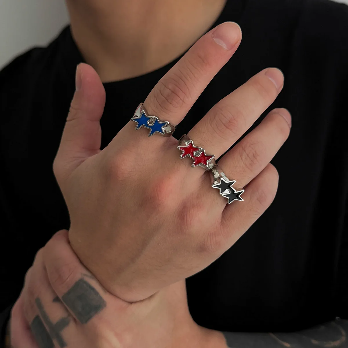 New Pentagram Star Open Rings Hip Hop Rock Punk Black Metal Stard Adjustable Ring Vintage Fashion Jewelry Gifts For Couple