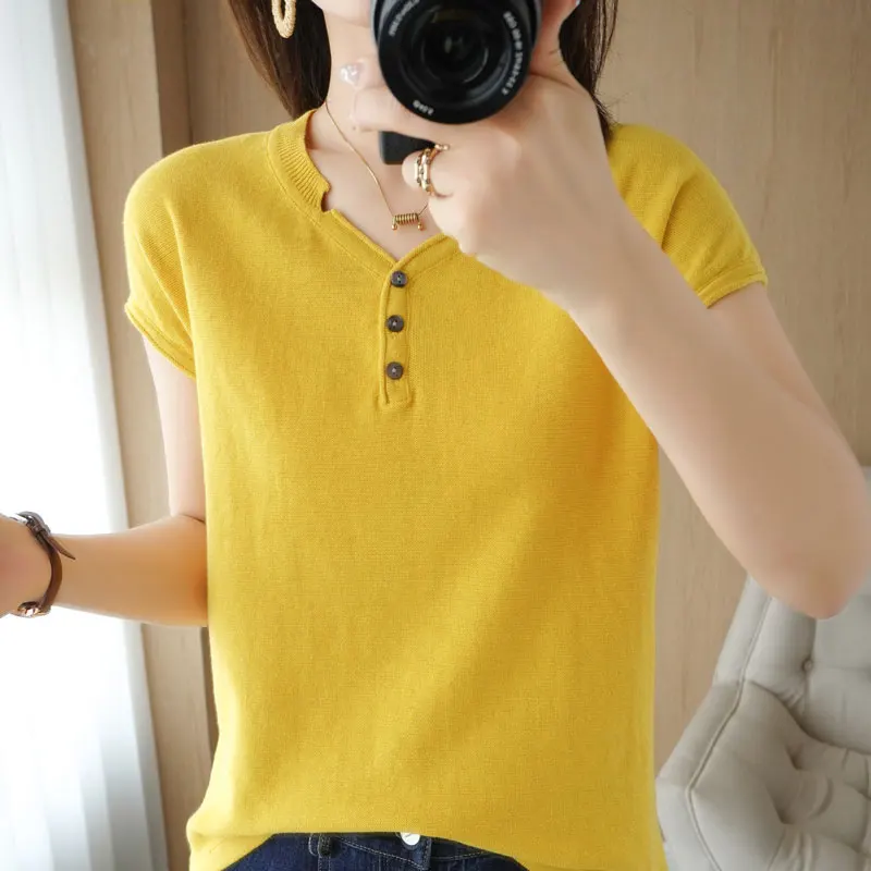 

Women's T-shirt Summer 100% Cotton Sweater Short Sleeve Solid Knitwear V-Neck Ladies Tops Loose Blouse Button Pullover Tees