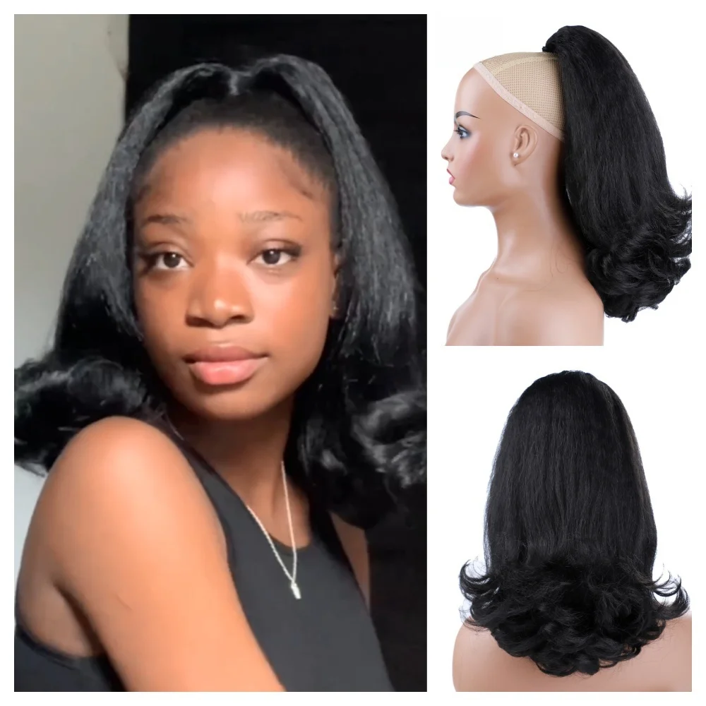 Synthetic Kinky Straight Hairpiece Stylish High-Volume Curly Clips-in Natural Looking Drawstring Ponytail