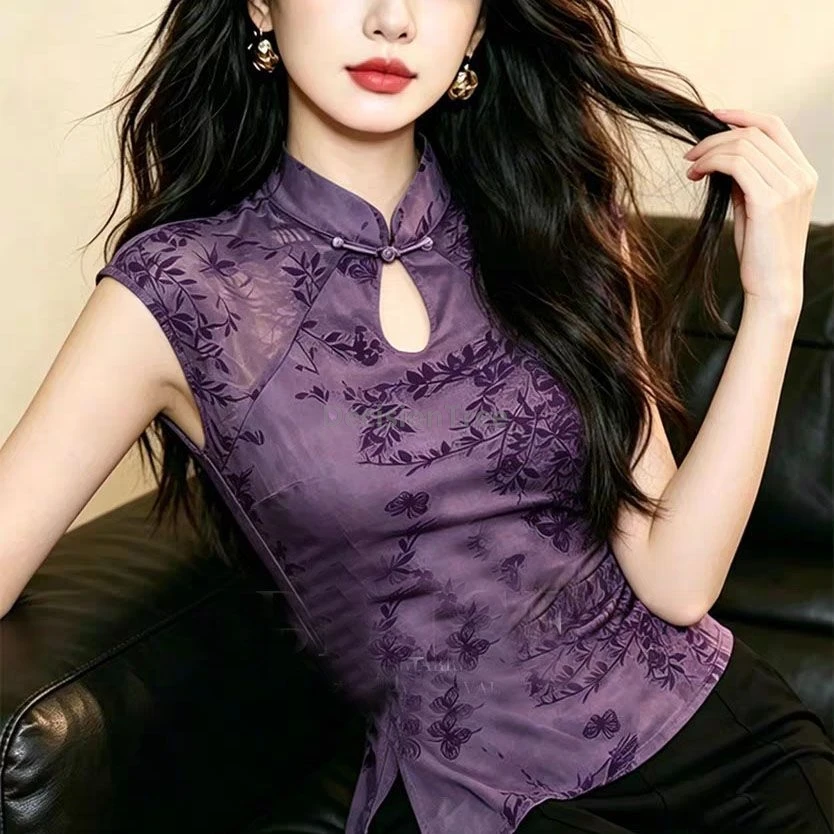 Daily Summer Chinese Style Young Girl Qipao Top Sexy Chinese Plus Size Blue One-Button Purple Jacquard Slim Short Sleeve Shirt