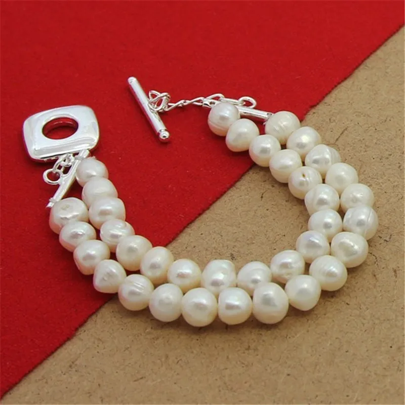 

925 Sterling Silver Double Artificial Pearls Chain Bracelet For Woman Wedding Accessories Party Birthday Fashion Jewelry