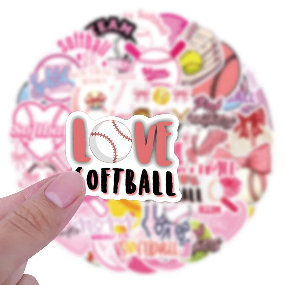 สติกเกอร์ลายกราฟฟิตี้เบสบอลตลกๆ 50 ชิ้น สติกเกอร์การ์ตูนซอฟต์บอลสีชมพู ของตกแต่งกีฬา ของเล่นเด็ก กันน้ำ สติกเกอร์สร้างสรรค์