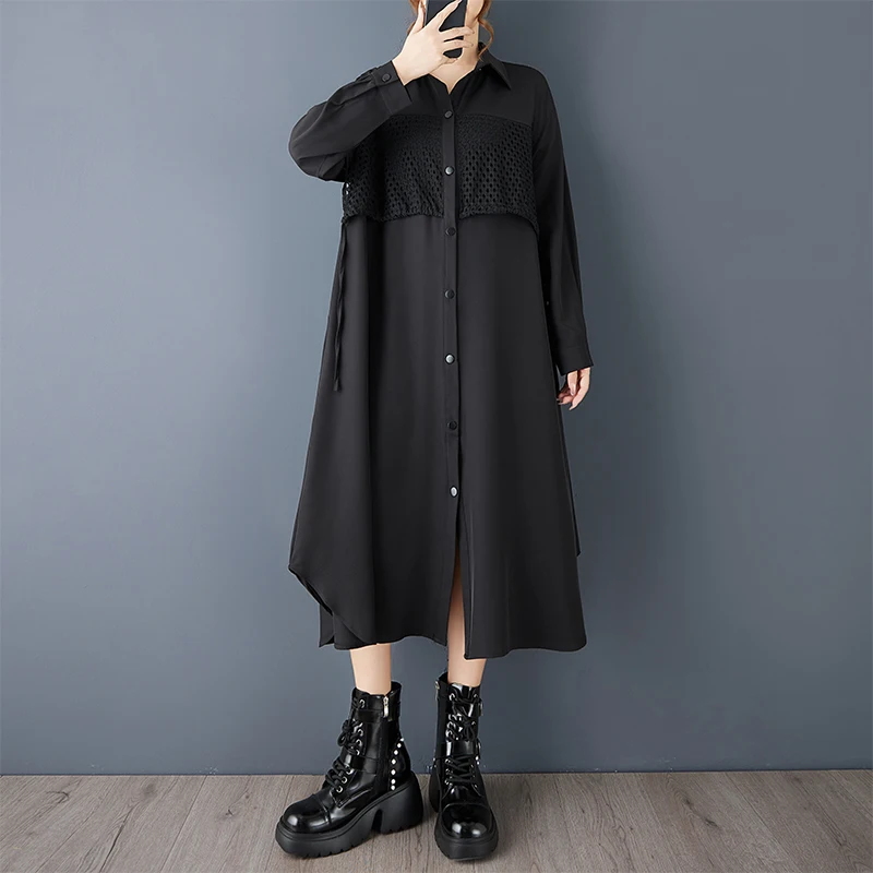 Lâche Midi irt Dr k Sle grande taille cintrée à la taille épissé minceur sur le genou fibre de Polyester Long col Sve