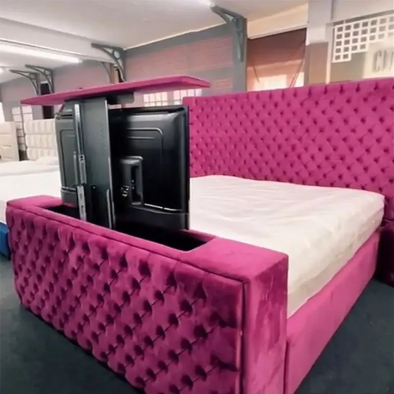 Modern king Queen Size Double Up-holstered Velvet Fabric Wooden Beds with Fireplace with TV Lift