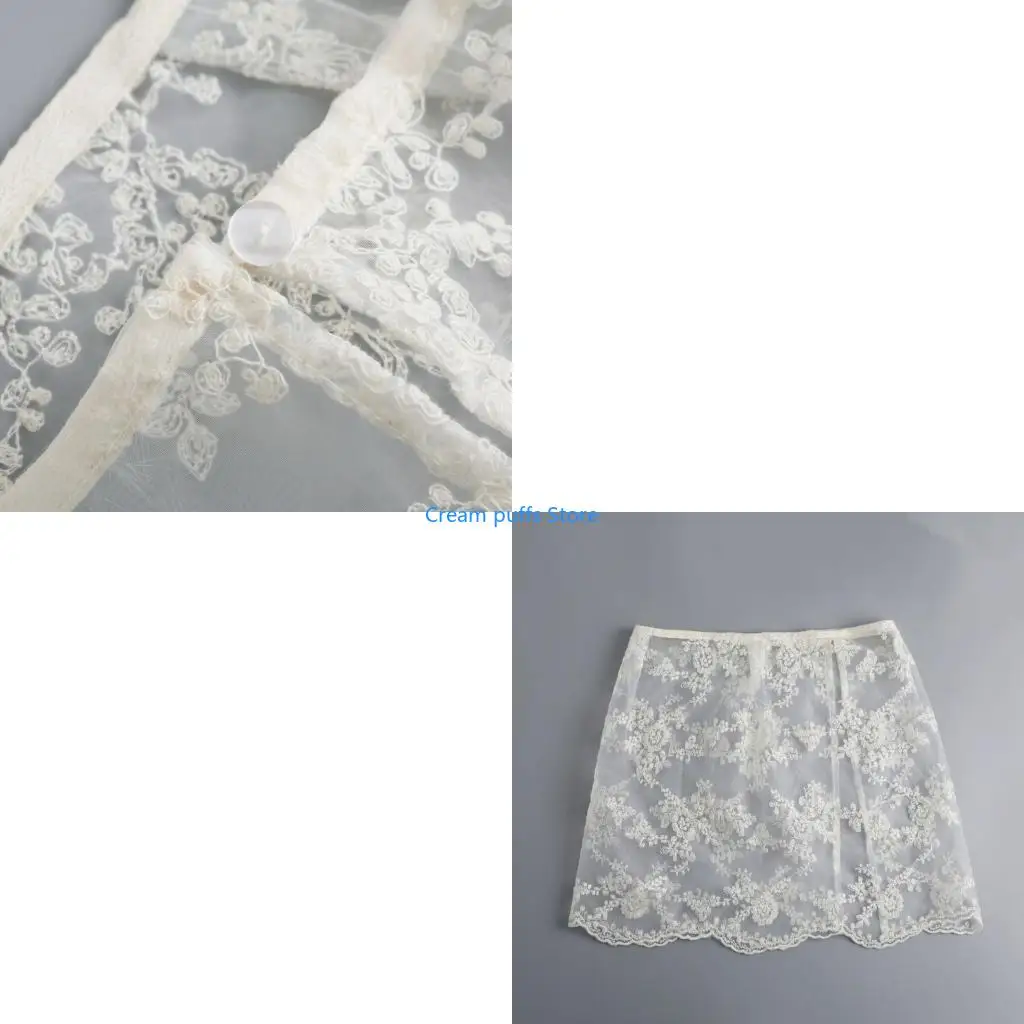 

50LE Aesthetic Layering Half Wrap Skirt See Through Embroidery Flower Lace Hip Covering Apron Skirt Side Button Overskirt