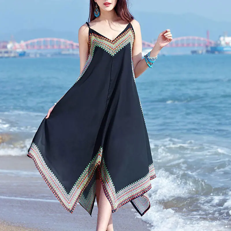 Folk Bohemian Irregular Dresses Female Clothing V-Neck Chic Patchwork Summer Sleeveless Vacation Style Printed Slip Long Dress