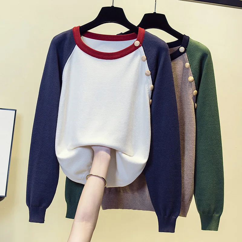 Oversized Autumn Winter Patchwork Pullover Sweater Women O-neck Button Long-sleeve Cashmere Knitwear Female Clothing Grace Y2K