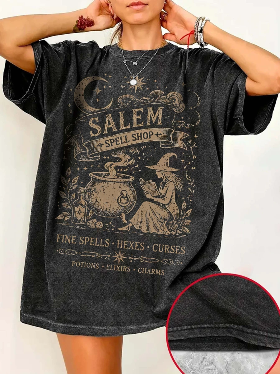Salem Witch Shop Print Vintage Washed T-Shirt, Featuring a Retro Loose Dropped-Shoulder Washed And Worn-In Style, Made of Fabric