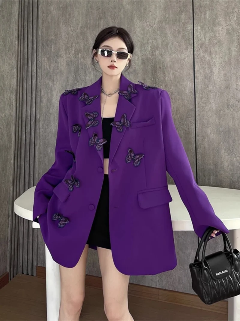 

3D Butterfly Embroidery Blazer, Handmade High-End Women's Jacket for Autumn Spring, Elegant Casual Coat W1887