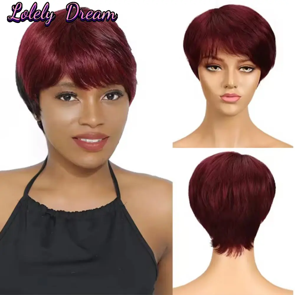 باروكة شعر بشري قصيرة بقص عابث مصنوعة آليًا باللون الأسود مع باروكات شعر بشري قصيرة برازيلية ريمي للنساء ذوات البشرة السمراء #4