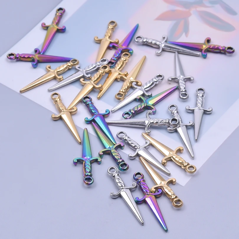 6Pcs DIY Stainless Steel Goth Sword Cross Punk Rock Men Pendant Necklaces Material Vintage Religion Croix Breloques Jewelry Bulk