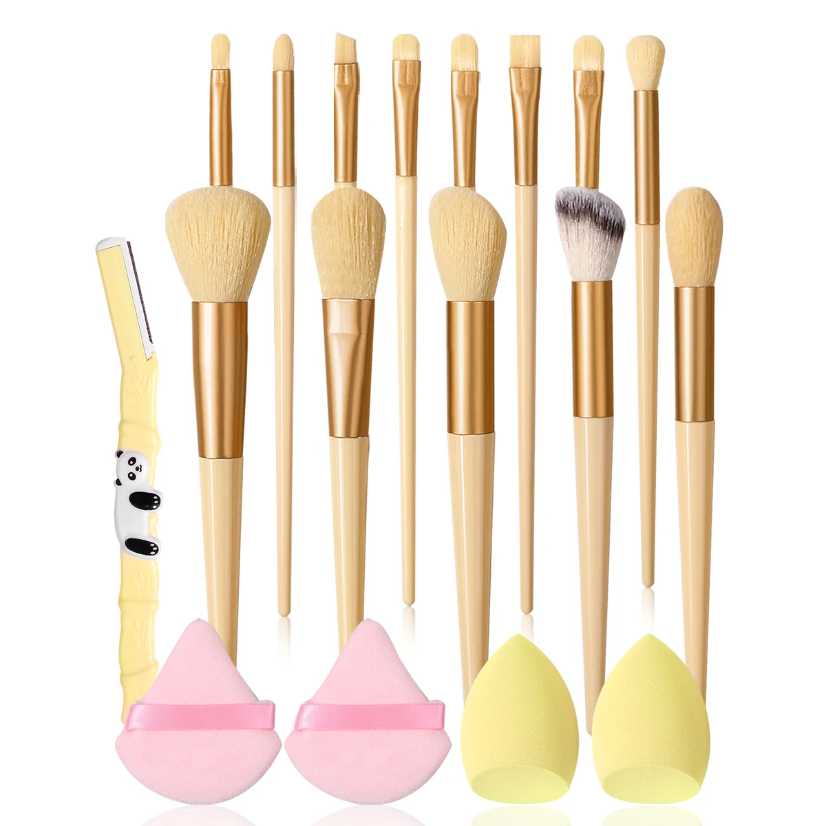 18PCS Yellow Makeup Brush Set with Beauty Sponges,&Eyebrow Razor, Foundation, Eyeshadow & Blush,All-in-One Kit for Beginners
