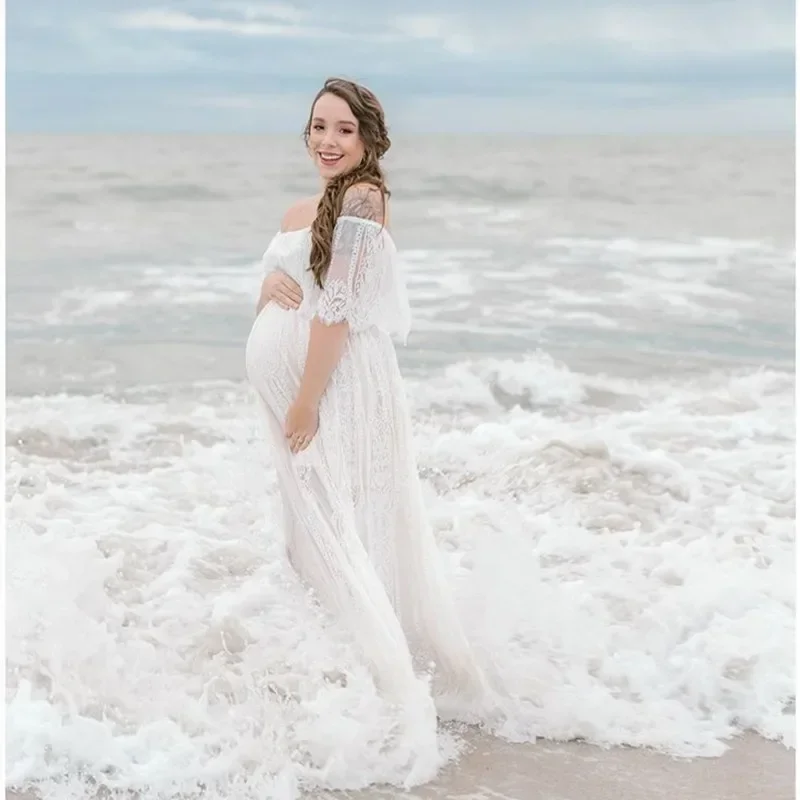 Robe longue en dentelle brodée pour femmes enceintes, détails en dentelle transparente, robe de photographie de mariage, ALTERMaxi