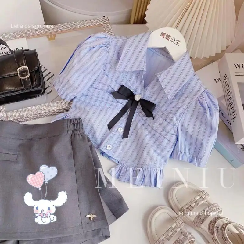 Anime Sanrioed Girl Jupe pour enfants, Cinnamoroll mignon, Chemise rayée JK, Jupe plissée, Tenue Preppy, Vêtements d'été, Mode pour enfants, 2 pièces