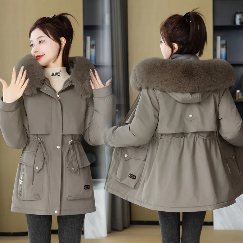 

Women Autumn Winter Fashion Coats Korean Hooded Drawstring Padded Jackets Solid Female Casual Street Outfit Coat Zip Up Parkas