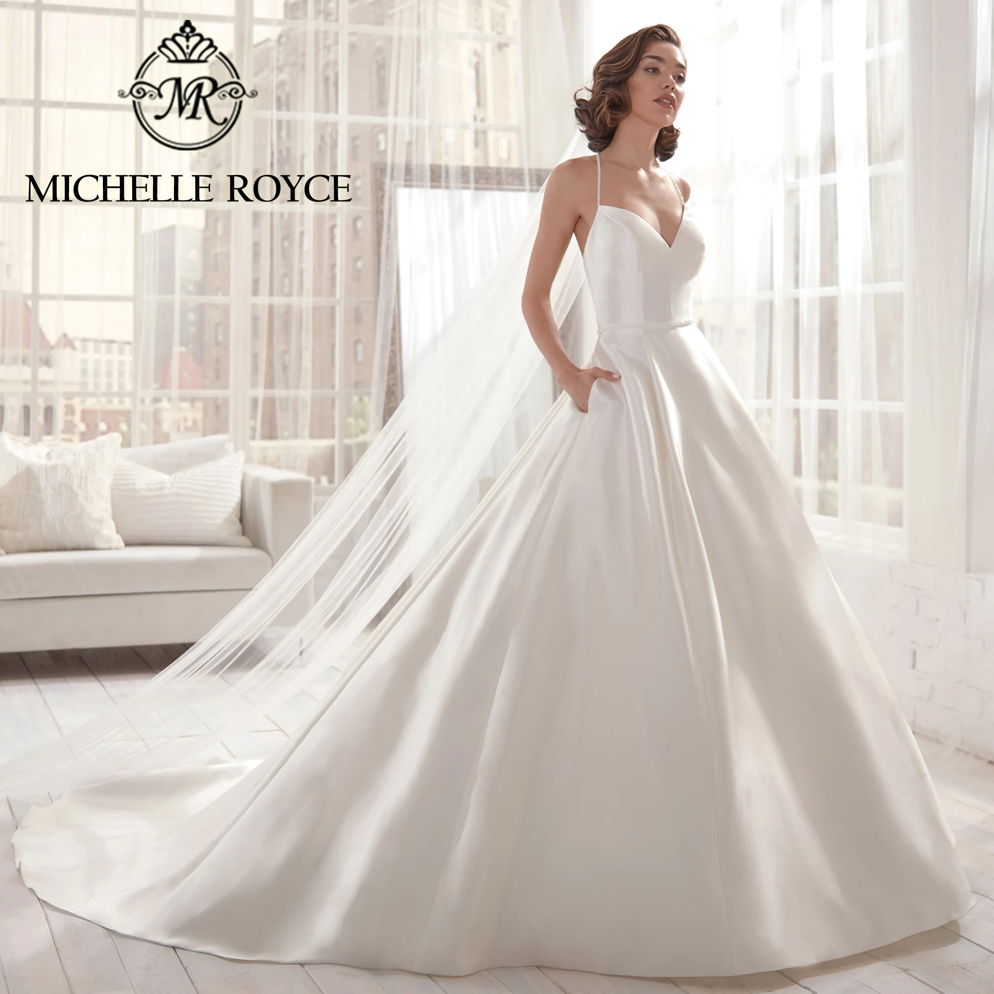 Michelle Royce Ball Gown Wedding Dresses For Women Backless Simple Spaghetti Straps Pockets Satin Wedding Gown Vestidos De Novia