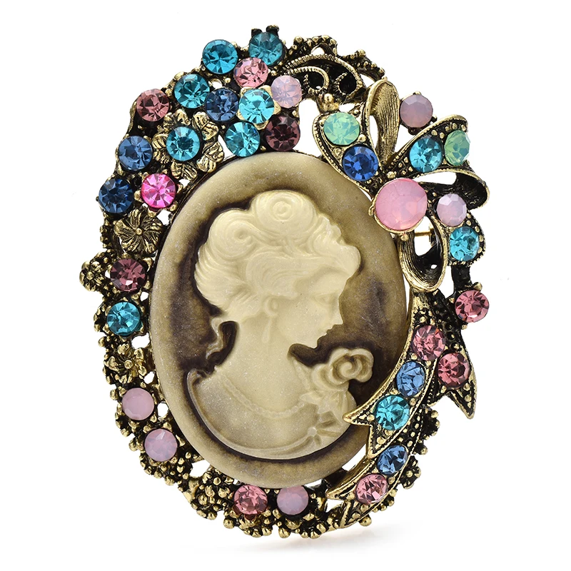 Wuli&baby Sparking Lady Figure Brooches Pins For Women Vintage Multicolor Rhinestone Girl Round Badge Brooch Gifts