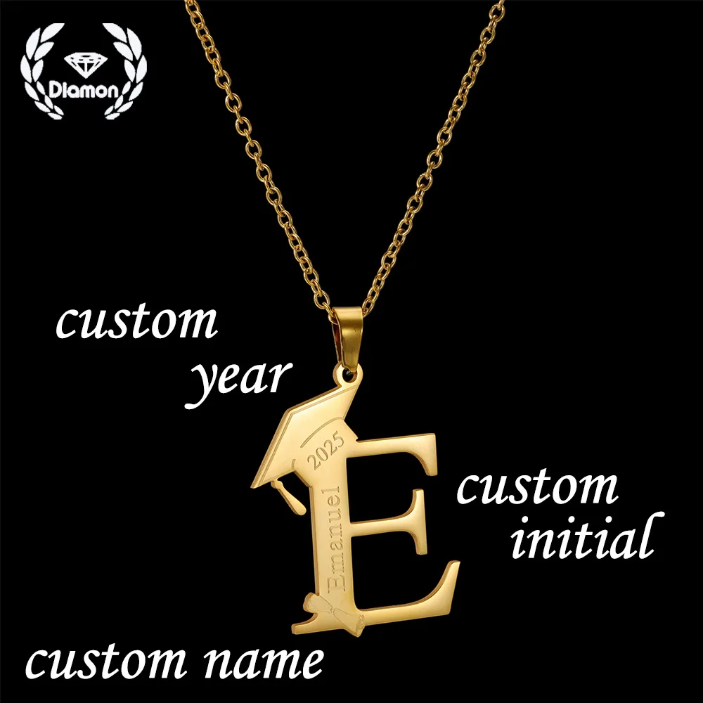 

Diamon Custom Name Bachelor Cap Necklace Pendant Date Logo for School College Memorial Graduation Jewelry Gift