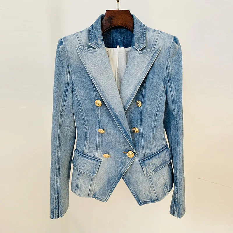 Top Quality Women Washed Denim Jeans Outwear Jackets Double Breasted Slim Short Female Casual Blazer