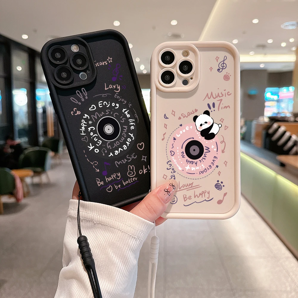 Cute Panda Records Phone Case for OPPO A5 A7 A16 A17 A38 A53 A54 A55 A58 A72 A74 A76 A78 A94 A98 4G 5G Cover With Hand Strap