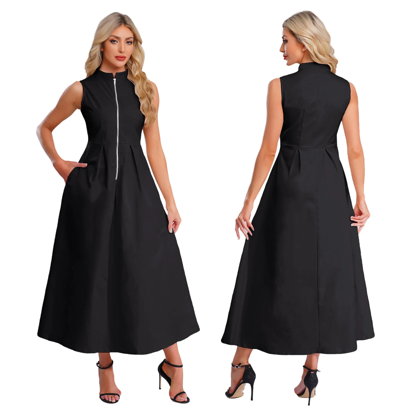 فستان نسائي طويل بسحاب أمامي وظيفي مع رقبة وهمية وجيوب جانبية، تصميم مصقول بدون أكمام للتسوق والارتداء اليومي