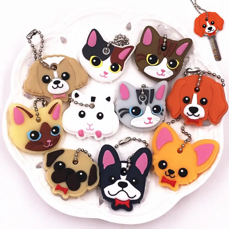 Top selling 10Pcs Silicone Key Ring Cap Head Cover Keychain Case Shell Cat Hamster Pug Dog Animals Shape Lovely Jewelry Gift