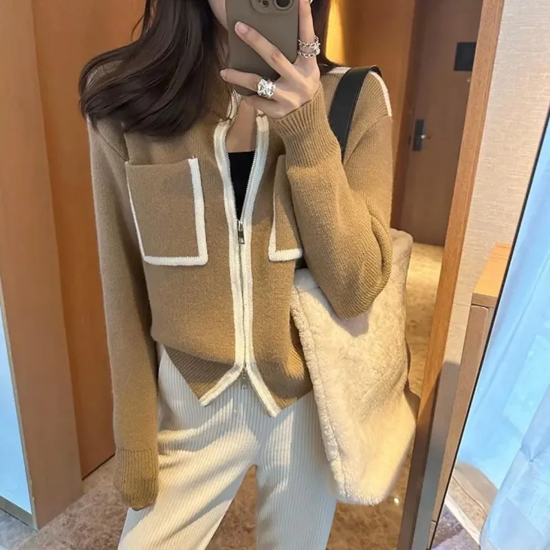 Double Zipper Jumper Women Knitted Sweater  Cropped Cardigan Y2k Crop Tops Long Sleeves Streetwear Korean Chic Coats Cardigan