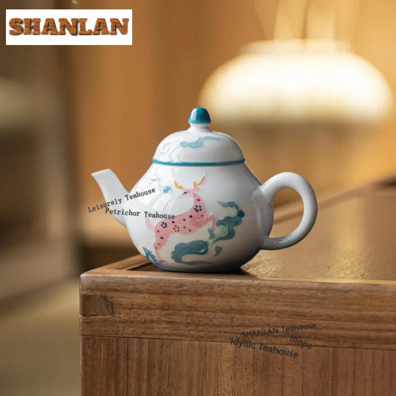 130ml Stack Painting Cloud Sika Deer Teapot Handmade Tea Infuser Pot Tea Brewing Kettle With Strainer Dahongpao Cha Ornaments