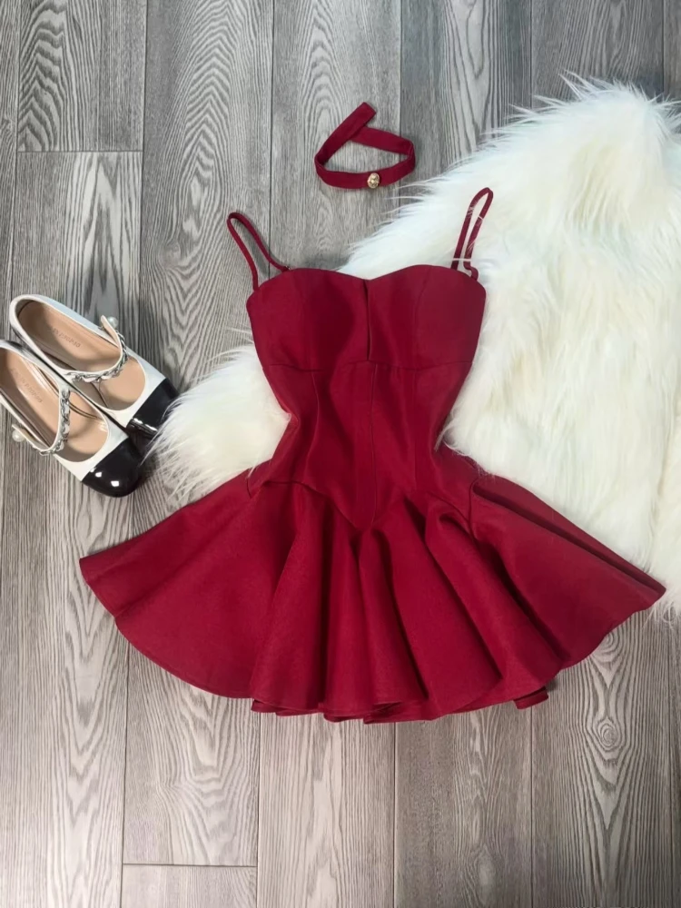 

Модное элегантное облегающее платье на бретельках для женщин, дизайнерское, с открытыми плечами, красное, для дня рождения, винтажное, теплое, цельное платье