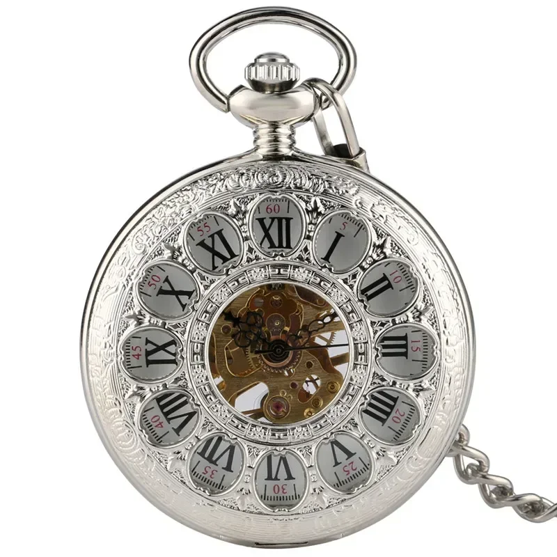Silver/Golden Hollow Flowers Mechanical Pocket Watch Unisex Hand-Wind Fob Watches Roman Numerals reloj de bolsillo Pendant Chain