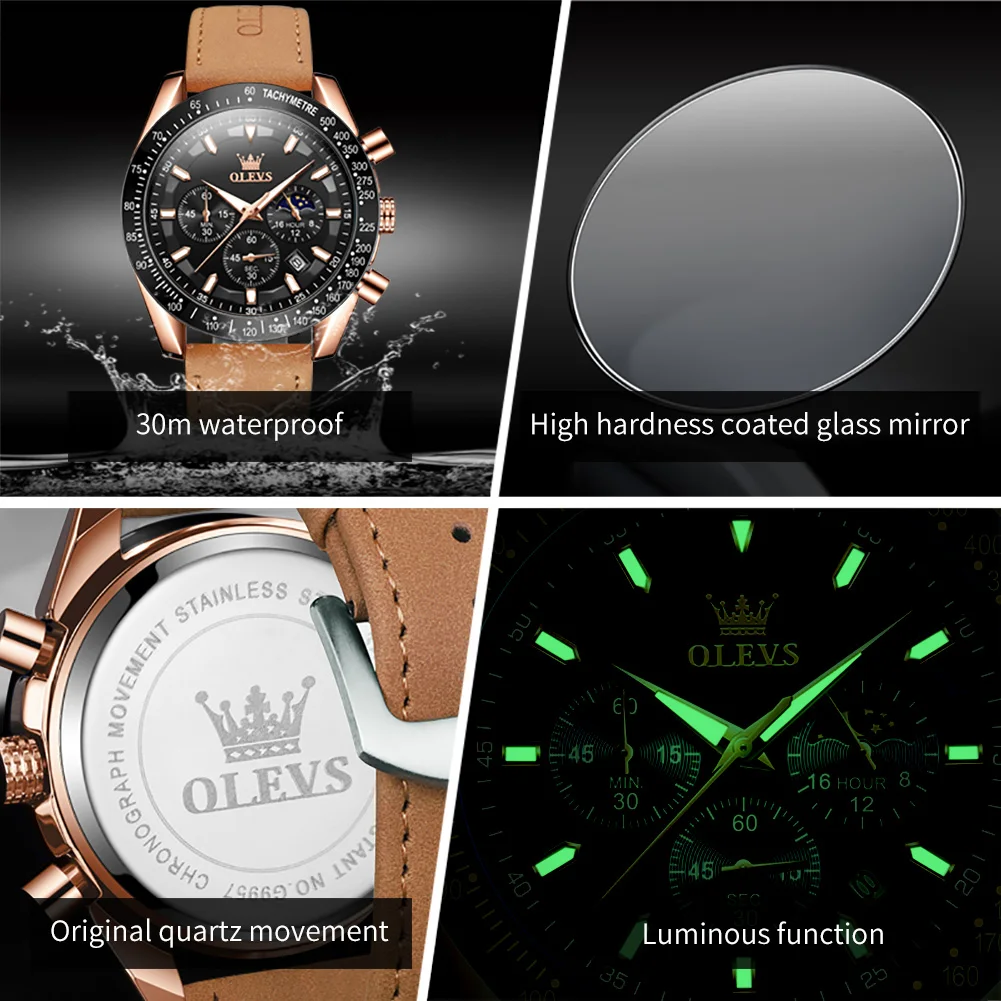 OLEVS 9957 Chronograph Quartz Watch For Men 45mm Big Dial Calendar Display Wristwatch Waterproof Luminous Moonswatch Man Watches