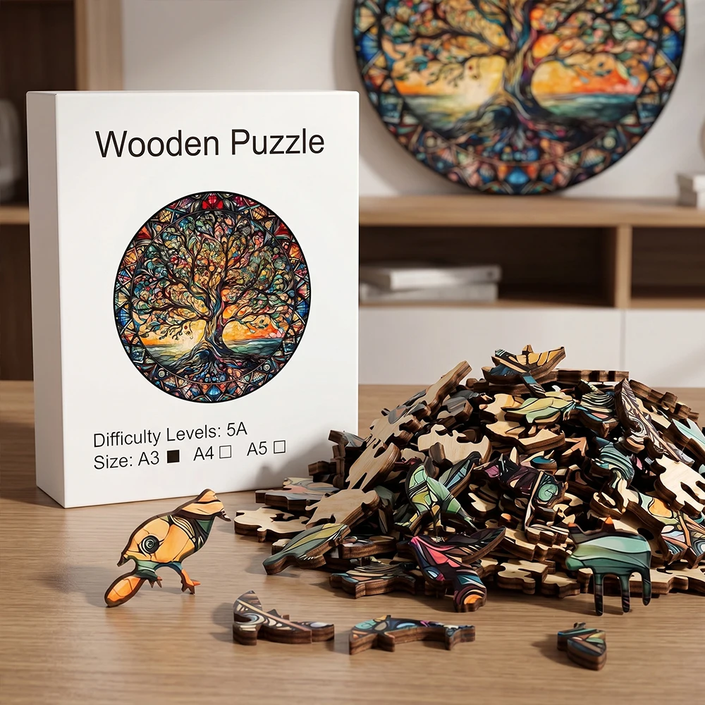 

Tree of Life Wooden Jigsaw Puzzle, Stained Glass Style, Unique Animal Shaped Pieces, Advanced Difficulty, for Adults & Kids, Home Decor, Stress Relief, Educational Game, Birthday Christmas Gift