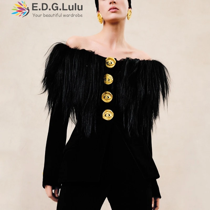 

EDGLuLu Off Shoulder Long Sleeved Suit Jacket Woman Design Square Collar Feather Splicing Single Breasted Black Slim Fit Blazer
