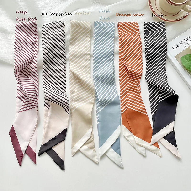 Fashion Skinny Silk Scarf for Women Stripe Hair Ribbons Headbands Bandana Female Bag Wrist Wrap Neckerchief Foulard Neck Ties