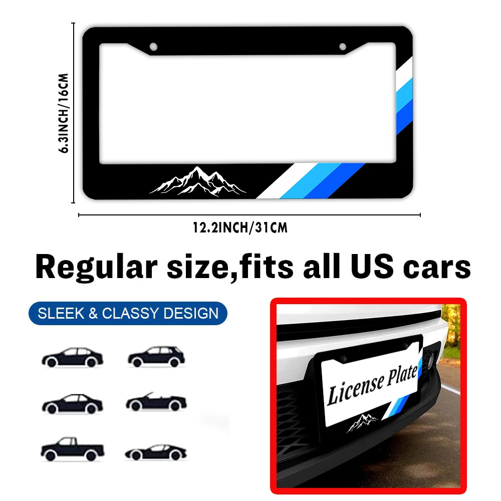 سيارة سوداء مبتكرة - إطار لوحة ترخيص مزخرف بطباعة جبلية وخطوط زرقاء، مادة ألومنيوم، تصميم بفتحتين