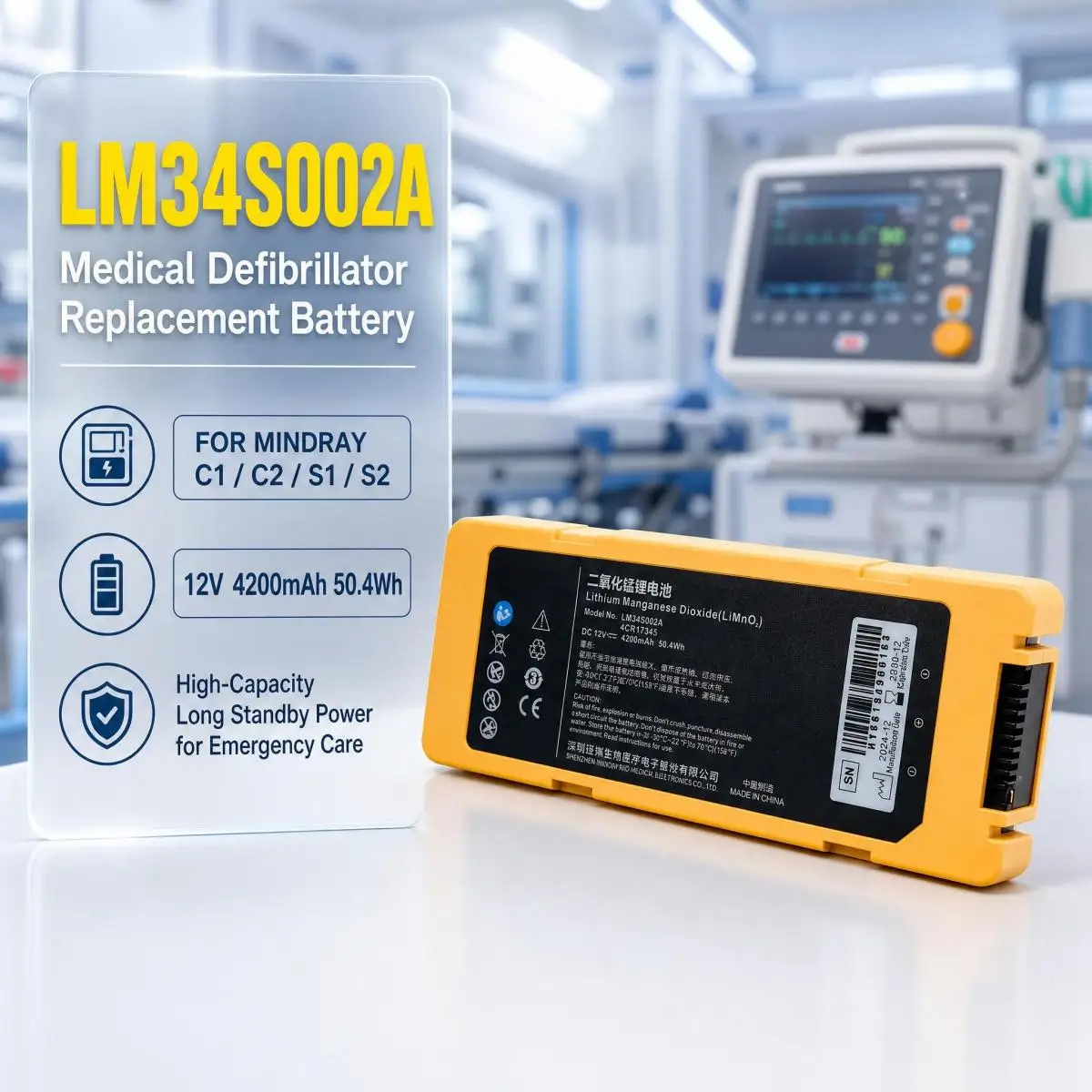 LM34S002A Spare Medical Battery 12V 4200mAh 50.4Wh Compatible with Mindray C1 C2 S1 S2 Defibrillator