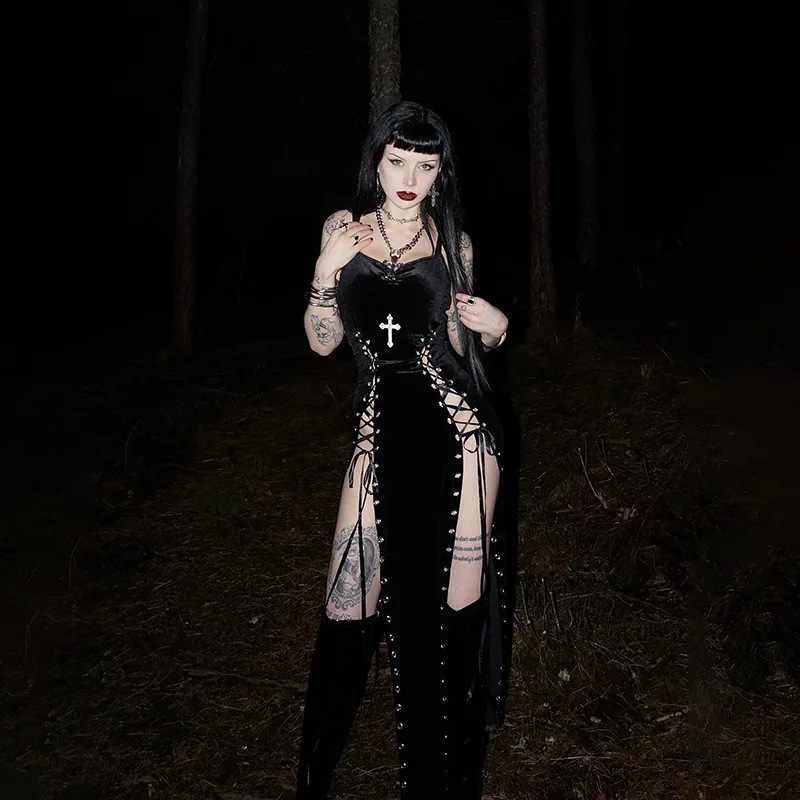 

Punk Grunge High Split Hem Straps Dess 90s Streetwear Gown Women Sexy Corn Bandage Velvet Bodycon Long Dress Gothic Clothing