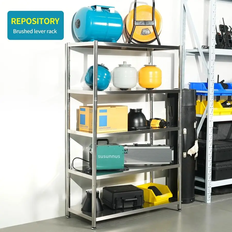 5-laags roestvrijstalen plank, zware rekken voor keuken, garage, industriële opslag, keukenplanken verstelbare voeten, gemakkelijk