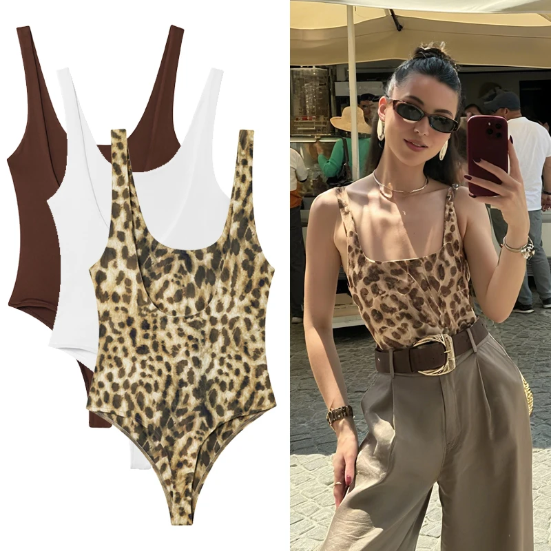 

Leopard Print Bodysuit Women One Pieces Female Short Jumpsuit Black White Corset Sleeveless Swimsuits Tanks & Camis Casual Tops