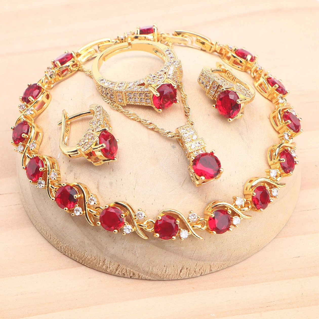 

Wedding Silver 925 Red Zirconia Jewelry Sets For Women Bridal Costume Earrings Rings Bracelets Pendant Necklace Set