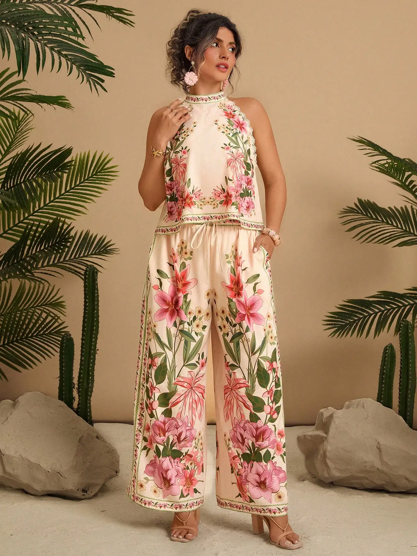 

Floral Print Halter Neck Sleeveless Lace Trim Top And Wide Leg Pants Set Women Summer Casual Boho Outfit