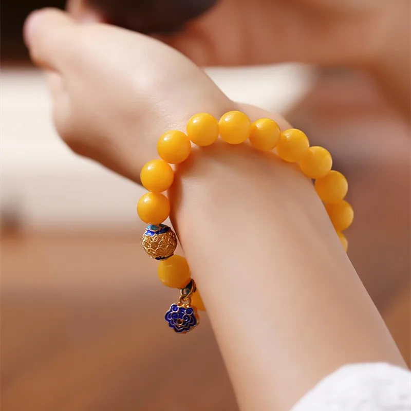 

Ancient Gold Craft Yellow beeswax Beaded bangles Cloisonne Enamel Design Exquisite Pendant bracelet for women Classic Jewelry