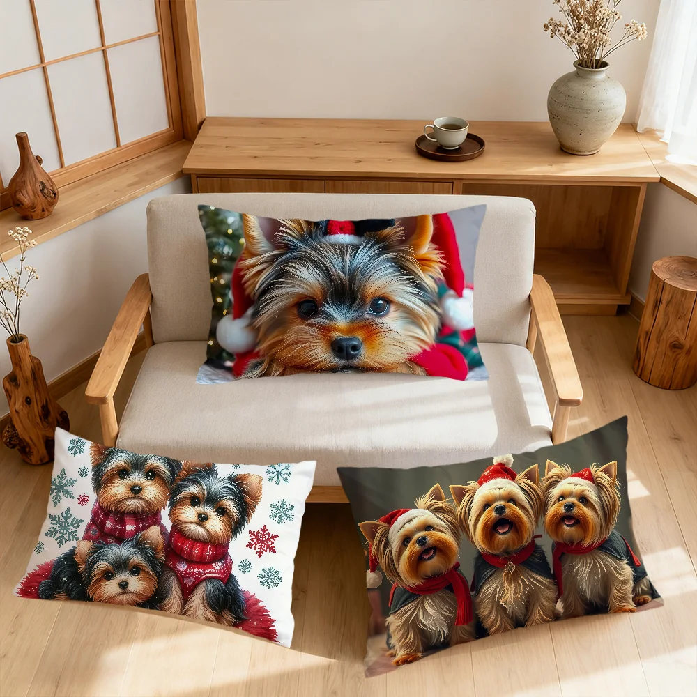 Christmas Holiday Cute Puppy Art Yorkshire Terrier Rectangle Pillow Cover Home Sofa living Room bedside Dorm Pillowcase gift