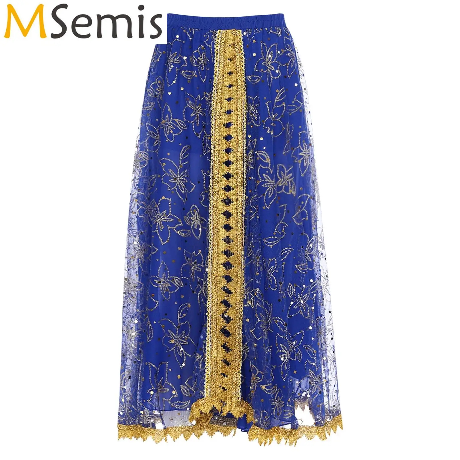 

Womens Indian Arabic Belly Dance Maxi Skirt Shiny Mesh Gold Trim Tiered Skirt Swing Skirt India Folk Dance Bollywood Costume