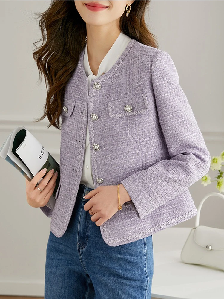 CJFHJE Women\'s Purple Casual Tweed Short Coat  Autumn New Korean Fashion Office Lady Commuting Round Neck Top New Female Jacket