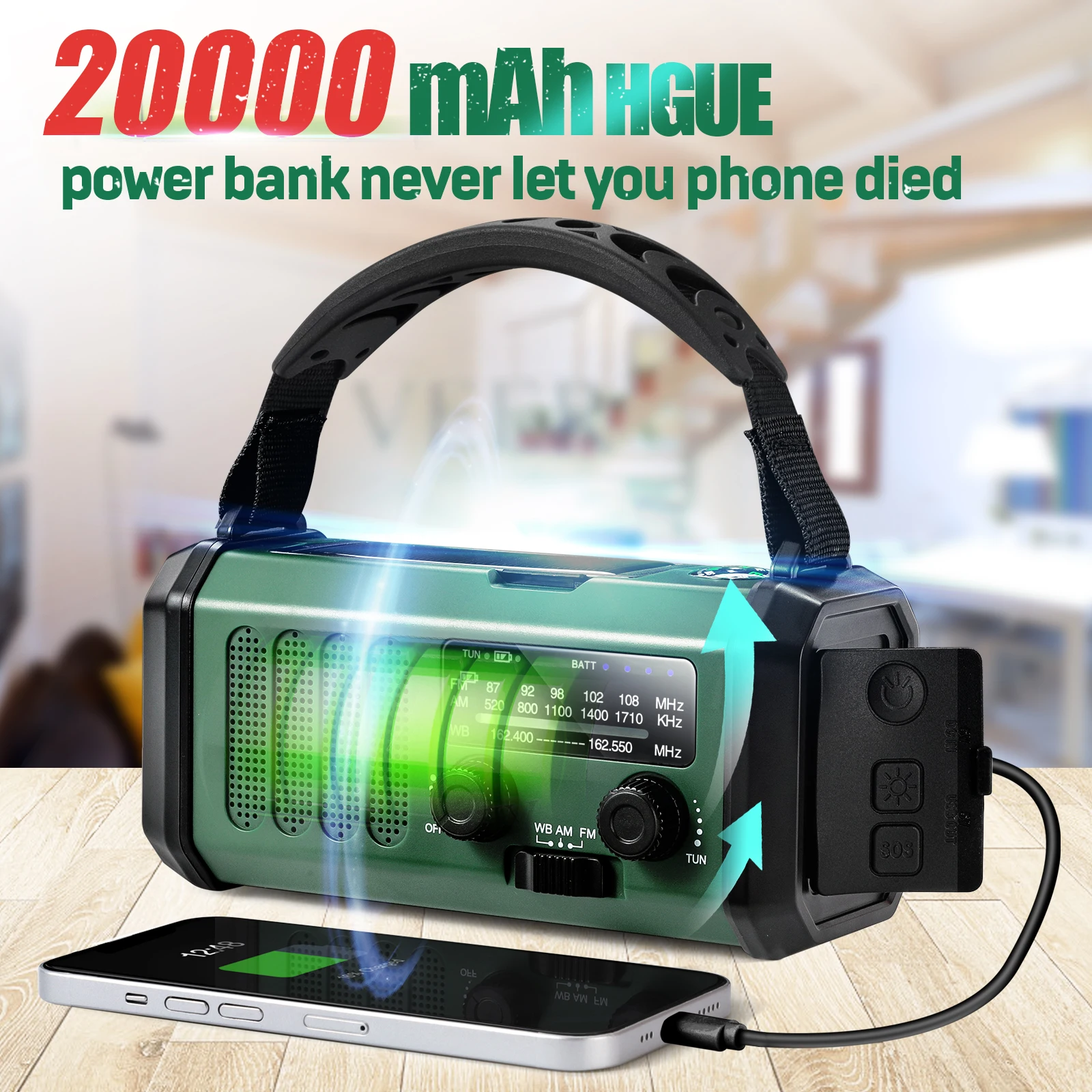 20000mAh Outdoor Solar Rechargeable Emergency Radio Hand-Crank Powered FM AM NOAA Weather Radio Internet Radio Factory Wholesale