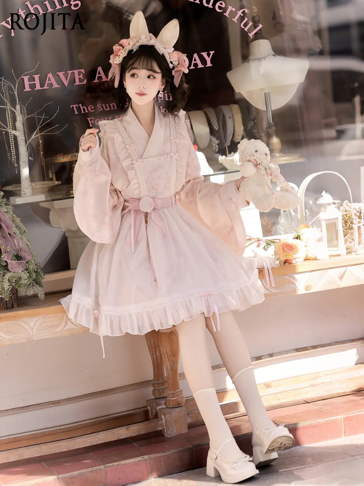 Sweet Lolita 3 Piece Dress Set Kimono Wide Sleeve Inner Dress Floral Embroidered Pinafore Overdress Elastic Slip Dress