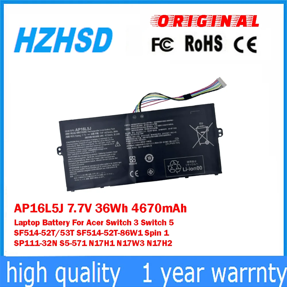 

AP16L5J 7.7V 36Wh 4670mAh Laptop Battery For Acer Switch 3 Switch 5 SF514-52T/53T SF514-52T-86W1 Spin 1 SP111-32N S5-571 N17H1